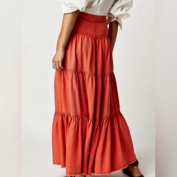 Free People Dreamweaver Denim Maxi Skirt In Firecracker Orange | We The Free - Picture 2 of 14